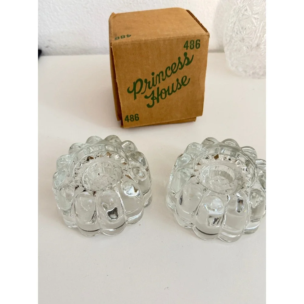 Princess House 486 Crystal Candle Holders Pair Clear Scalloped Glass Vintage Box